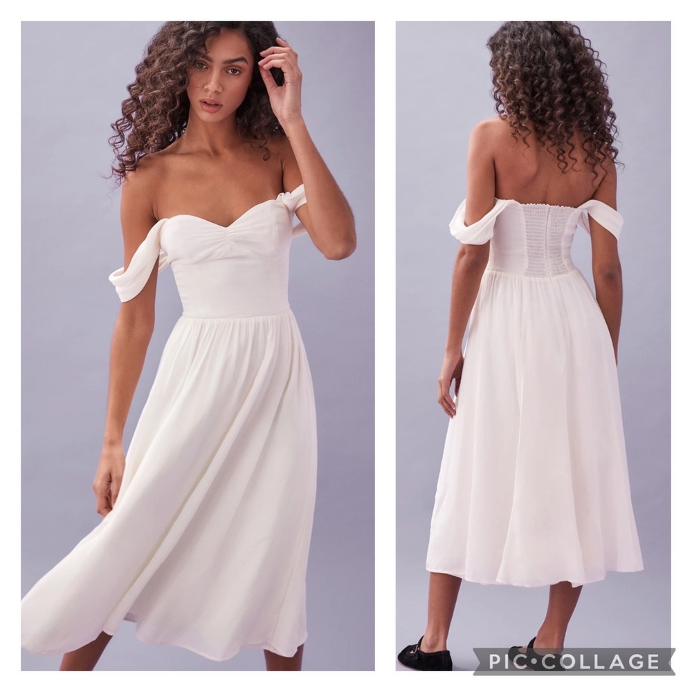 Reformation Violet Off-the-Shoulder Feminine Midi Dress Ivory Sweetheart